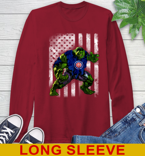 Chicago Cubs Hulk Marvel Avengers MLB Baseball American Flag Long Sleeve T-Shirt 9