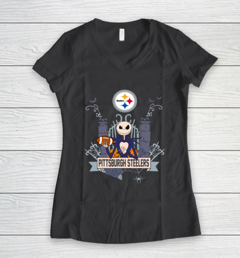 NFL Pittsburgh Steelers Football Jack Skellington Halloween Women's V-Neck T-Shirt 6