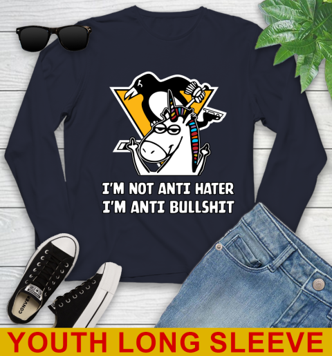 Pittsburgh Penguins NHL Hockey Unicorn I'm Not Anti Hater I'm Anti Bullshit Youth Long Sleeve 3