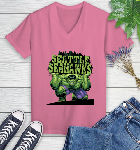 Seattle Seahawks NFL Football Incredible Hulk Marvel Avengers Sports Women's V-Neck T-Shirt 13