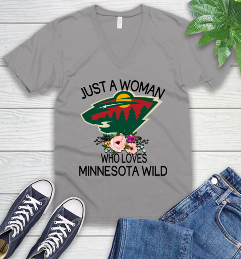 NHL Just A Woman Who Loves Minnesota Wild Hockey Sports V-Neck T-Shirt 2