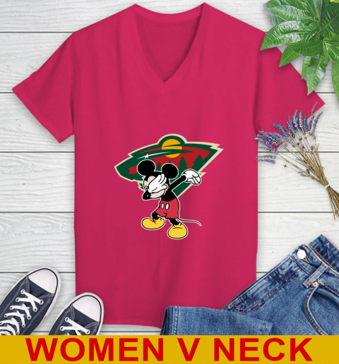 Minnesota Wild NHL Hockey Dabbing Mickey Disney Sports Women's V-Neck T-Shirt 10