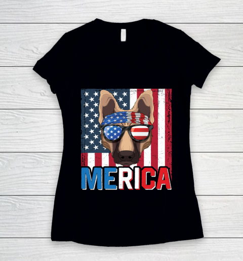 Independence Day German Shepherd Merica Flag 4th of July Dog American Puppy Women's V-Neck T-Shirt