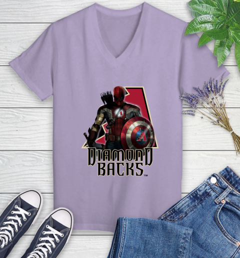 MLB Captain America Thor Spider Man Hawkeye Avengers Endgame Baseball Arizona Diamondbacks Women's V-Neck T-Shirt 14