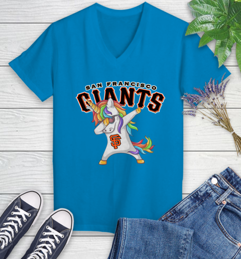 San Francisco Giants MLB Baseball Funny Unicorn Dabbing Sports Women's V-Neck T-Shirt 7