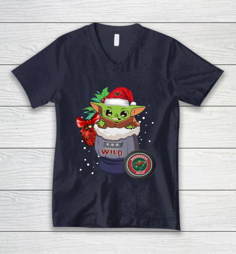 Minnesota Wild Christmas Baby Yoda Star Wars Funny Happy NHL V-Neck T-Shirt 3