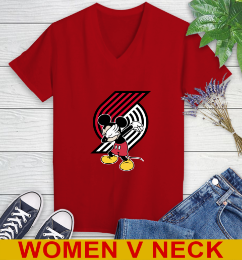 Portland Trail Blazers NBA Basketball Dabbing Mickey Disney Sports Women's V-Neck T-Shirt 12