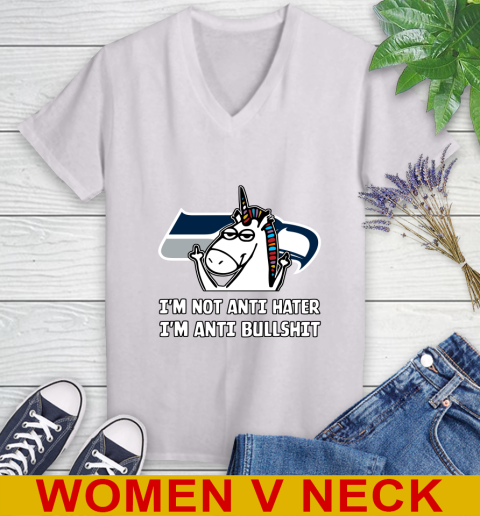 Seattle Seahawks NFL Football Unicorn I'm Not Anti Hater I'm Anti Bullshit Women's V-Neck T-Shirt