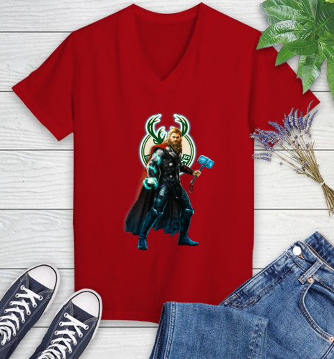 NBA Thor Avengers Endgame Basketball Milwaukee Bucks Women's V-Neck T-Shirt 12