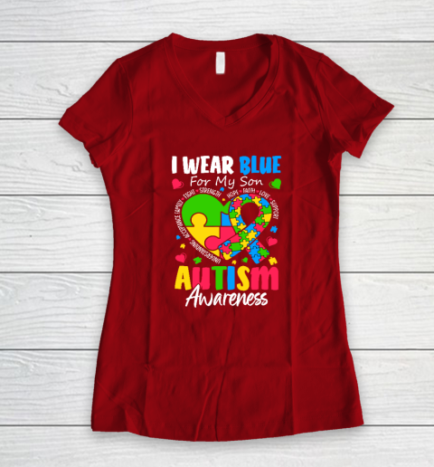 I Wear Blue For My Son Autism Awareness Women's V-Neck T-Shirt 6