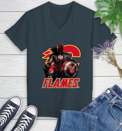 NHL Captain America Thor Spider Man Hawkeye Avengers Endgame Hockey Calgary Flames Women's V-Neck T-Shirt 8