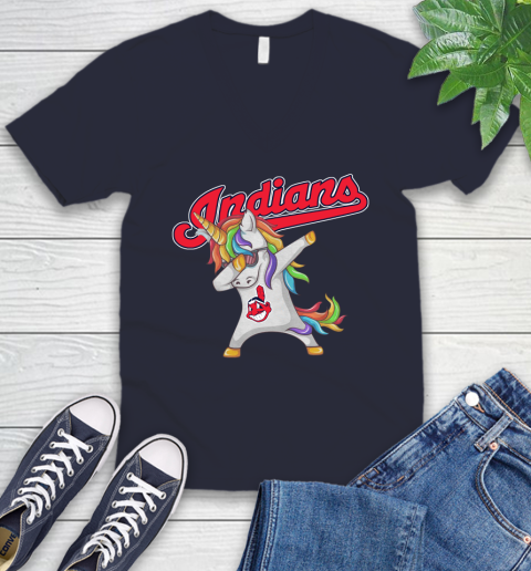 Cleveland Indians MLB Baseball Funny Unicorn Dabbing Sports V-Neck T-Shirt 3