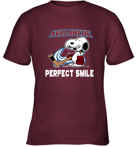 w0th colorado avalanche snoopy perfect smile the peanuts youth t shirt 26 front maroon