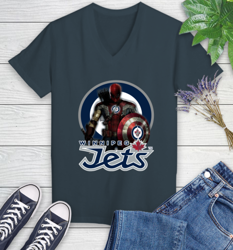 NHL Captain America Thor Spider Man Hawkeye Avengers Endgame Hockey Winnipeg Jets Women's V-Neck T-Shirt 8