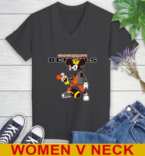 Cincinnati Bengals NFL Football Mickey Peace Sign Sports Women's V-Neck T-Shirt 9