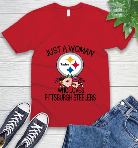 NFL Just A Woman Who Loves Pittsburgh Steelers Football Sports V-Neck T-Shirt 4