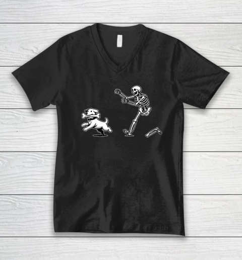 Halloween Dog, Funny Skeleton, Skeleton Chasing Dog V-Neck T-Shirt
