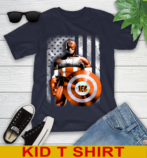 Cincinnati Bengals NFL Football Captain America Marvel Avengers American Flag Shirt Youth T-Shirt 2