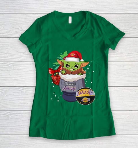 Los Angeles Lakers Christmas Baby Yoda Star Wars Funny Happy NBA Women's V-Neck T-Shirt 5