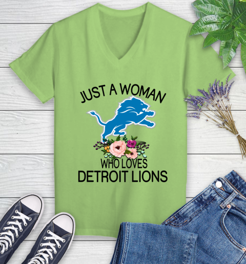 NFL Just A Woman Who Loves Detroit Lions Football Sports Women's V-Neck T-Shirt 6