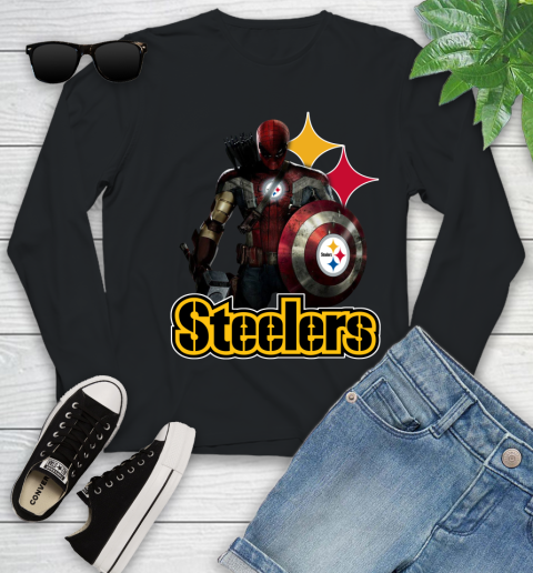 NFL Captain America Thor Spider Man Hawkeye Avengers Endgame Football Pittsburgh Steelers Youth Long Sleeve 2