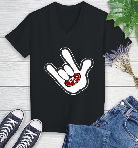 San Francisco 49ers NFL Football Mickey Rock Hand Disney Women's V-Neck T-Shirt 2