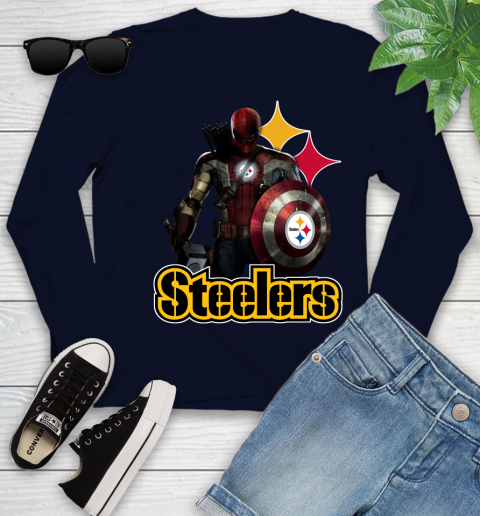 NFL Captain America Thor Spider Man Hawkeye Avengers Endgame Football Pittsburgh Steelers Youth Long Sleeve 3