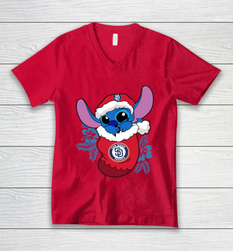 San Diego Padres Christmas Stitch In The Sock Funny Disney MLB V-Neck T-Shirt 7