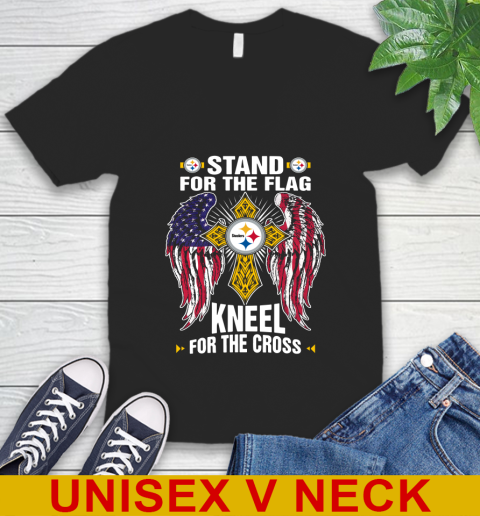 NFL Football Pittsburgh Steelers Stand For Flag Kneel For The Cross Shirt V-Neck T-Shirt