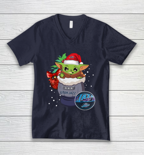 Utah Jazz Christmas Baby Yoda Star Wars Funny Happy NBA V-Neck T-Shirt 3