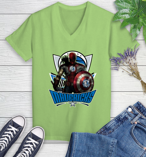 Dallas Mavericks NBA Basketball Captain America Thor Spider Man Hawkeye Avengers Women's V-Neck T-Shirt 11