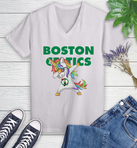 Boston Celtics NBA Basketball Funny Unicorn Dabbing Sports Women's V-Neck T-Shirt