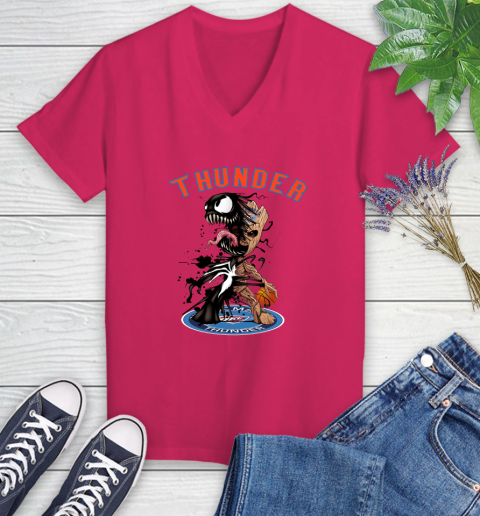 NBA Oklahoma City Thunder Basketball Venom Groot Guardians Of The Galaxy Women's V-Neck T-Shirt 9
