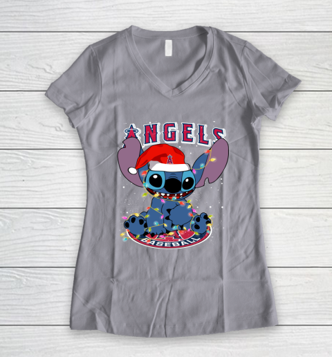 Los Angeles Angels MLB noel stitch Baseball Christmas Women's V-Neck T-Shirt 2