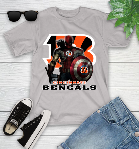 NFL Captain America Thor Spider Man Hawkeye Avengers Endgame Football Cincinnati Bengals Youth T-Shirt 12