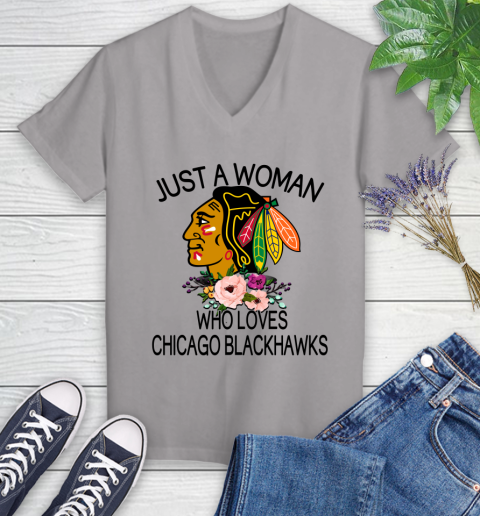 NHL Just A Woman Who Loves Chicago Blackhawks Hockey Sports Women's V-Neck T-Shirt 2