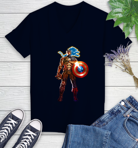 NFL Captain America Marvel Avengers Endgame Football Sports Detroit Lions Women's V-Neck T-Shirt 3