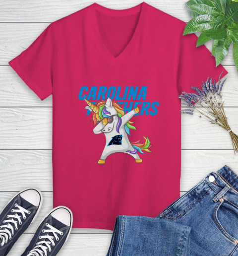 Carolina Panthers NFL Football Funny Unicorn Dabbing Sports Women's V-Neck T-Shirt 9
