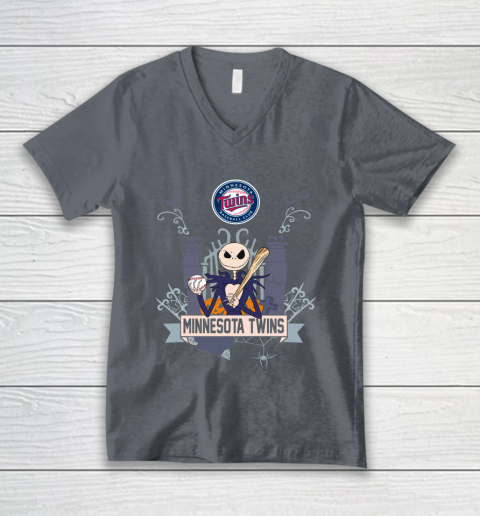 MLB Minnesota Twins Baseball Jack Skellington Halloween V-Neck T-Shirt 4