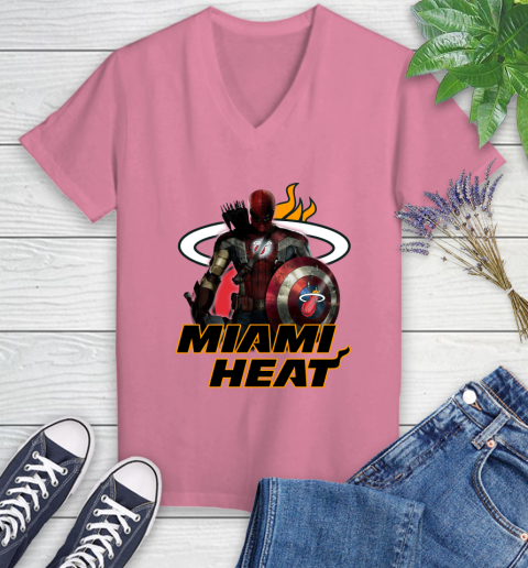 Miami Heat NBA Basketball Captain America Thor Spider Man Hawkeye Avengers Women's V-Neck T-Shirt 13