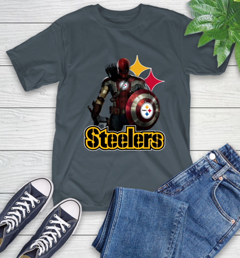 NFL Captain America Thor Spider Man Hawkeye Avengers Endgame Football Pittsburgh Steelers T-Shirt 9