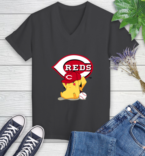 MLB Pikachu Baseball Sports Cincinnati Reds Women's V-Neck T-Shirt 8