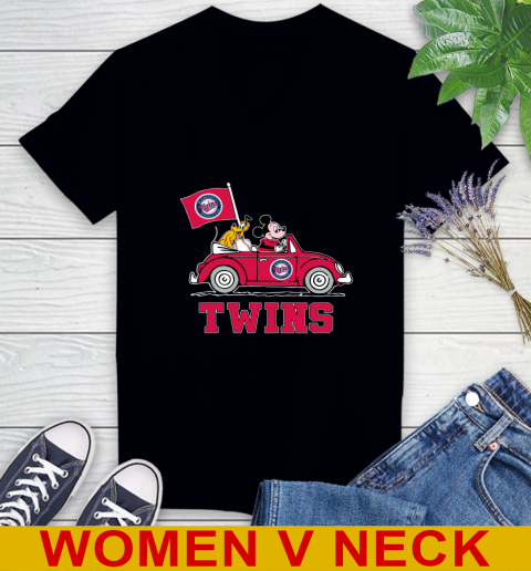 MLB Baseball Minnesota Twins Pluto Mickey Driving Disney Shirt Women's V-Neck T-Shirt 2