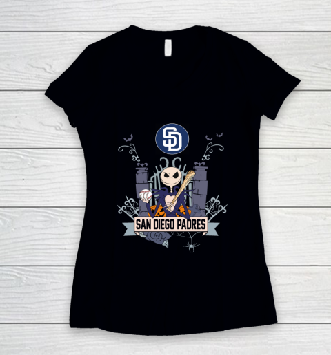 MLB San Diego Padres Baseball Jack Skellington Halloween Women's V-Neck T-Shirt