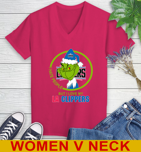 LA Clippers NBA Christmas Grinch I Hate People But I Love My Favorite Basketball Team Women's V-Neck T-Shirt 10
