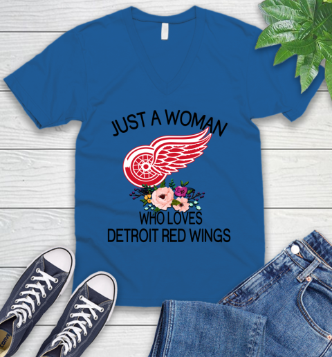NHL Just A Woman Who Loves Detroit Red Wings Hockey Sports V-Neck T-Shirt 3
