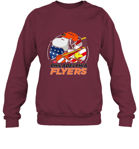 h49j philadelphia flyers snoopy and woodstock nhl sweatshirt 35 front maroon