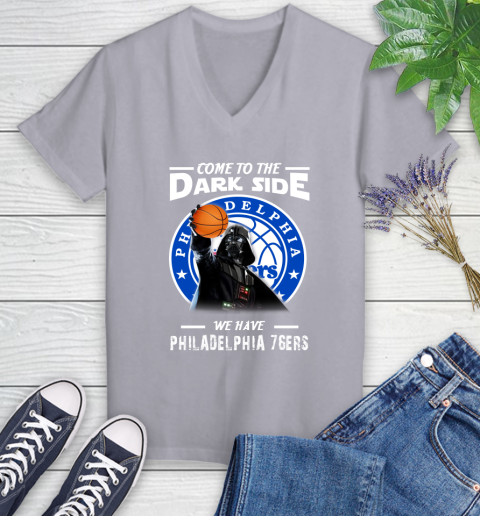 NBA Come To The Dark Side We Have Philadelphia 76ers Star Wars Darth Vader Basketball Women's V-Neck T-Shirt 4