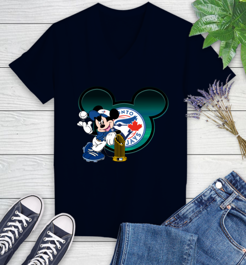 MLB Toronto Blue Jays The Commissioner's Trophy Mickey Mouse Disney Women's V-Neck T-Shirt 3