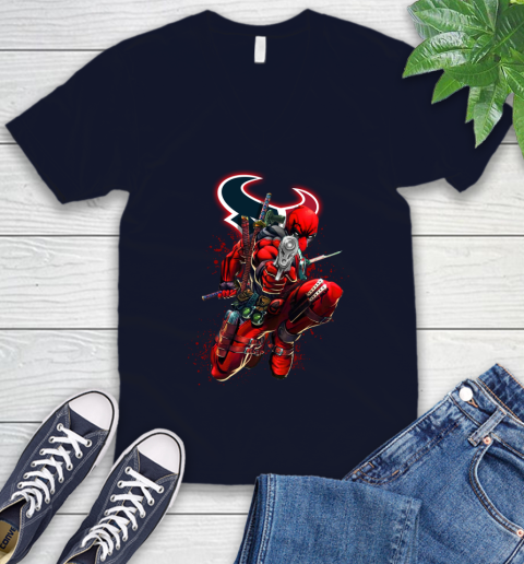 NFL Deadpool Marvel Comics Sports Football Houston Texans V-Neck T-Shirt 3